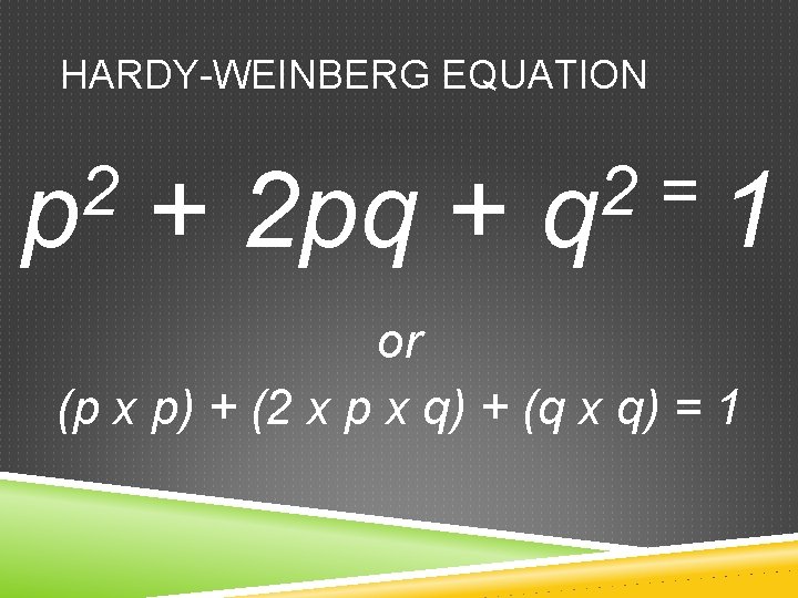 HARDY-WEINBERG EQUATION 2 p + 2 pq + 2 = q 1 or (p