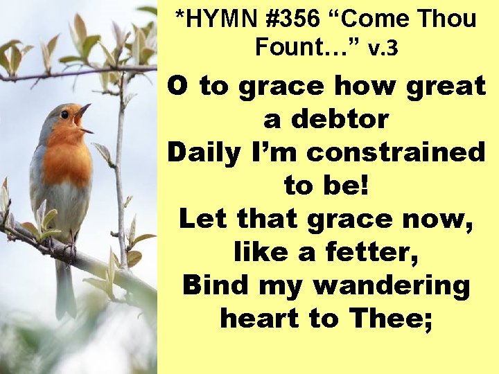 *HYMN #356 “Come Thou Fount…” v. 3 O to grace how great a debtor