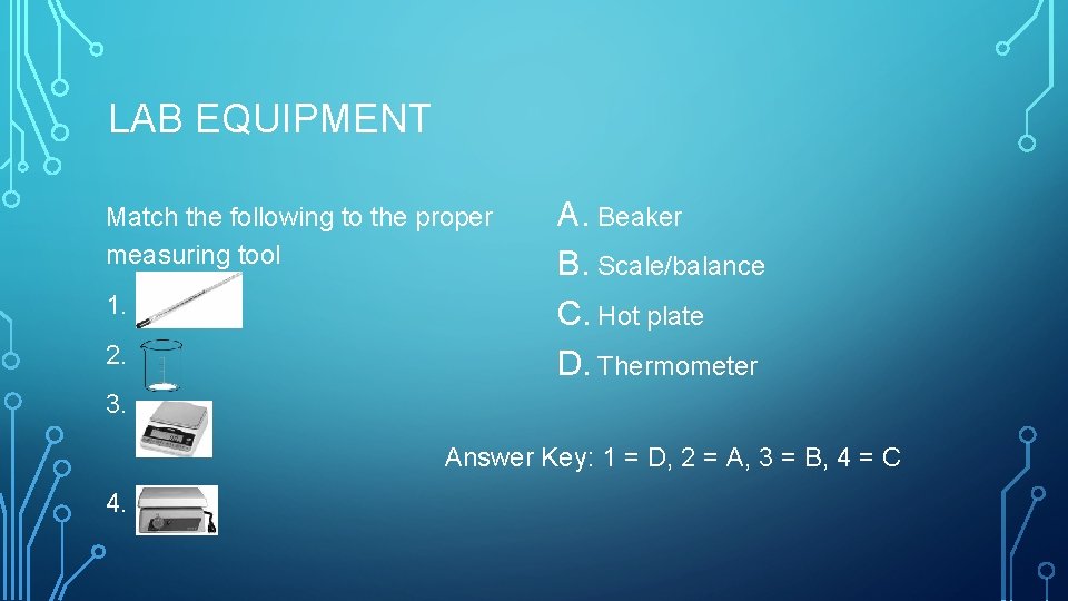 LAB EQUIPMENT Match the following to the proper measuring tool 1. 2. A. Beaker