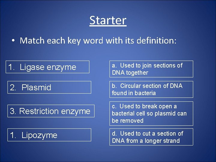 Starter • Match each key word with its definition: 1. Ligase enzyme a. Used