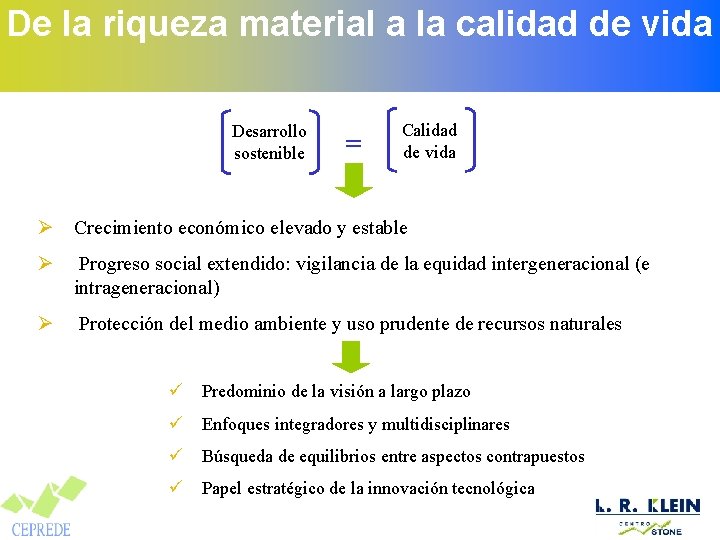 De la riqueza material a la calidad de vida Desarrollo sostenible = Calidad de