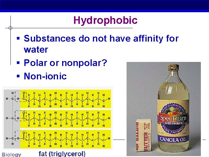 Hydrophobic § Substances do not have affinity for water § Polar or nonpolar? §