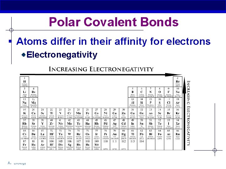 Polar Covalent Bonds § Atoms differ in their affinity for electrons Electronegativity AP Biology