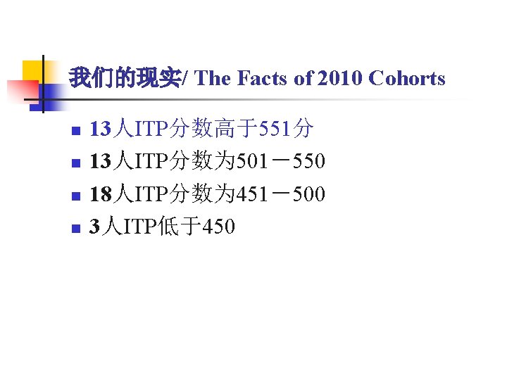 我们的现实/ The Facts of 2010 Cohorts n n 13人ITP分数高于551分 13人ITP分数为 501－550 18人ITP分数为 451－500 3人ITP低于450