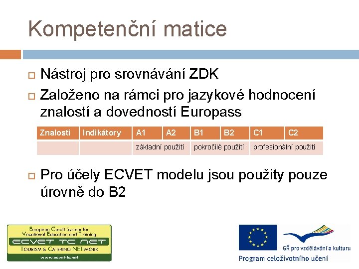 Kompetenční matice Nástroj pro srovnávání ZDK Založeno na rámci pro jazykové hodnocení znalostí a