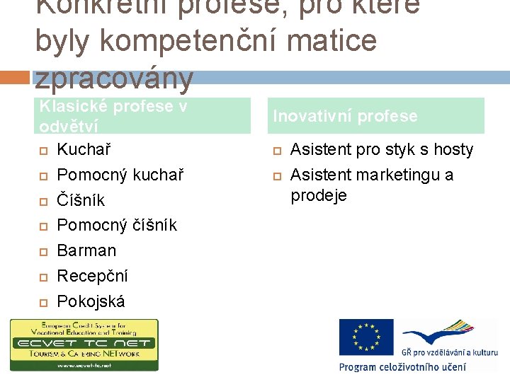 Konkrétní profese, pro které byly kompetenční matice zpracovány Klasické profese v odvětví Kuchař Pomocný