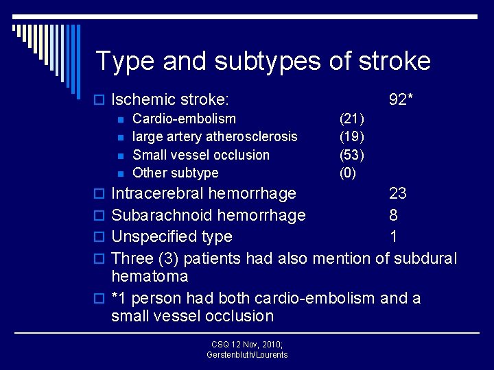 Type and subtypes of stroke o Ischemic stroke: n Cardio-embolism n large artery atherosclerosis