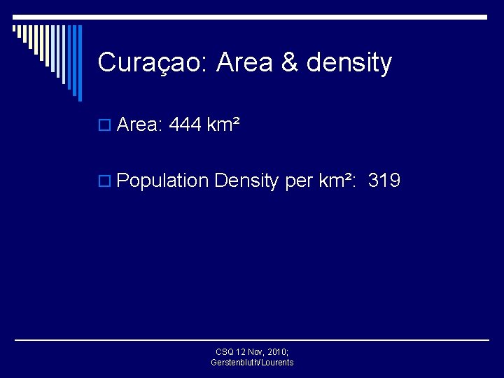 Curaçao: Area & density o Area: 444 km² o Population Density per km²: 319
