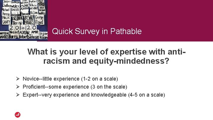 Quick Survey in Pathable What is your level of expertise with antiracism and equity-mindedness?