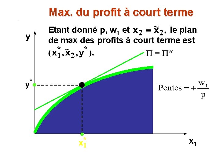 Max. du profit à court terme y Etant donné p, w 1 et le