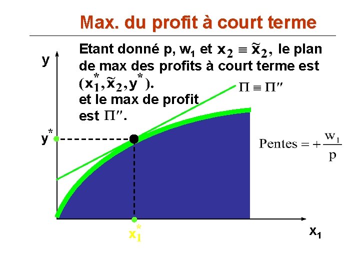 Max. du profit à court terme y Etant donné p, w 1 et le