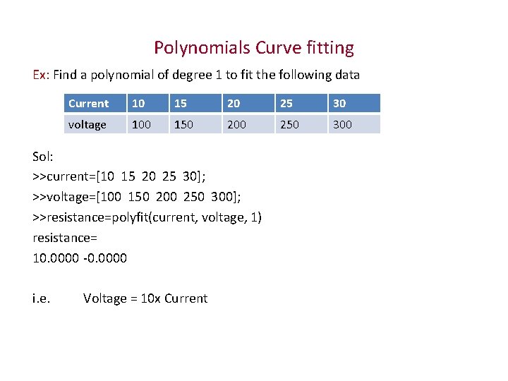Polynomials Curve fitting Ex: Find a polynomial of degree 1 to fit the following