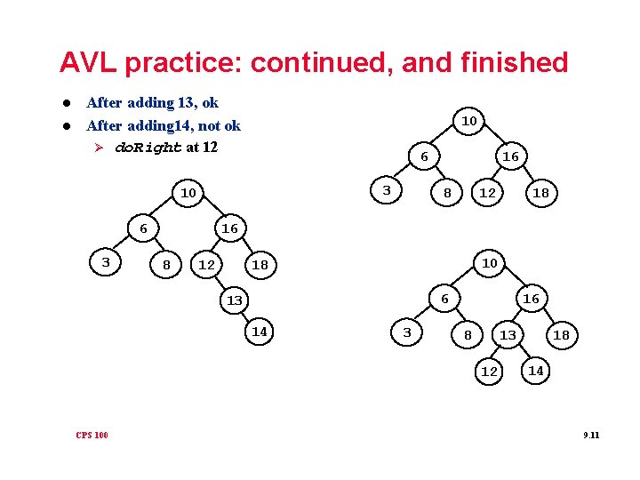 AVL practice: continued, and finished l l After adding 13, ok After adding 14,