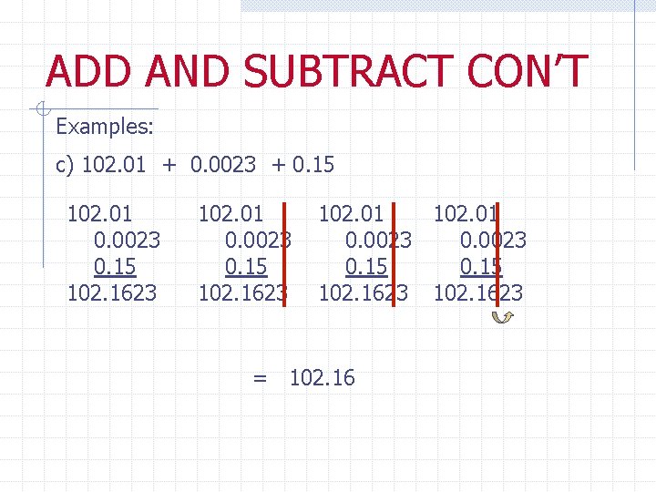 ADD AND SUBTRACT CON’T Examples: c) 102. 01 + 0. 0023 + 0. 15