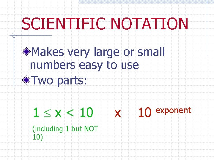 SCIENTIFIC NOTATION Makes very large or small numbers easy to use Two parts: 1