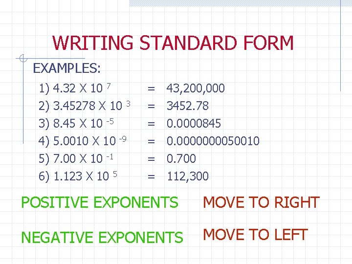 WRITING STANDARD FORM EXAMPLES: 1) 2) 3) 4) 5) 6) 4. 32 X 10