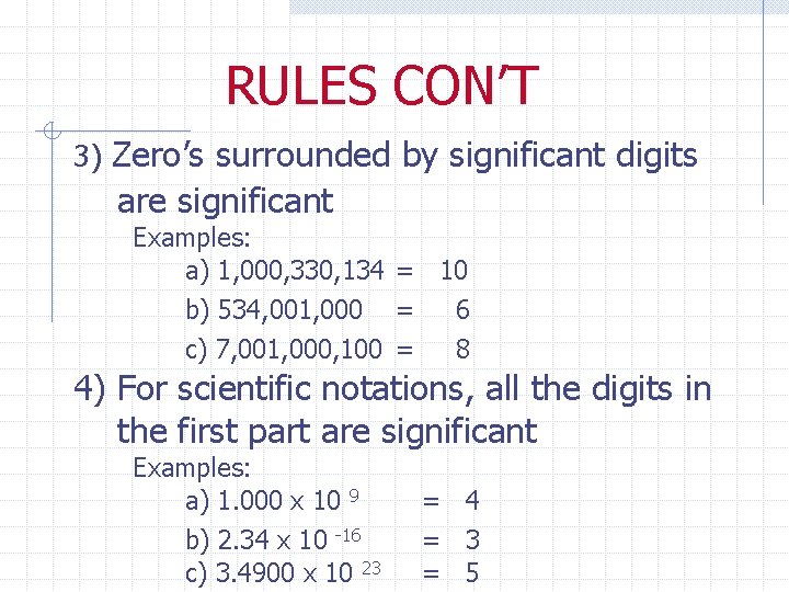 RULES CON’T 3) Zero’s surrounded by significant digits are significant Examples: a) 1, 000,