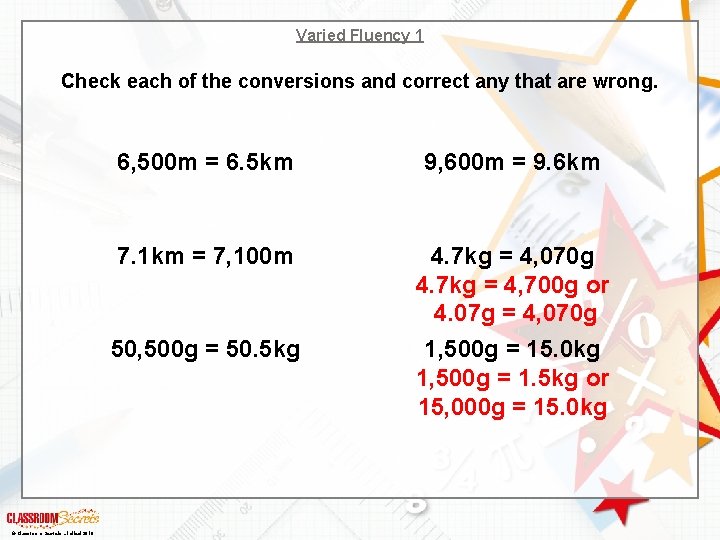 Varied Fluency 1 Check each of the conversions and correct any that are wrong.