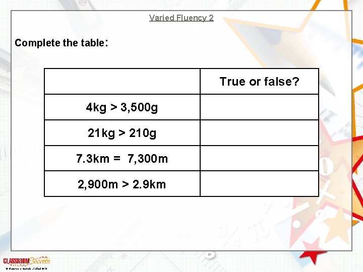 Varied Fluency 2 Complete the table: True or false? 4 kg > 3, 500