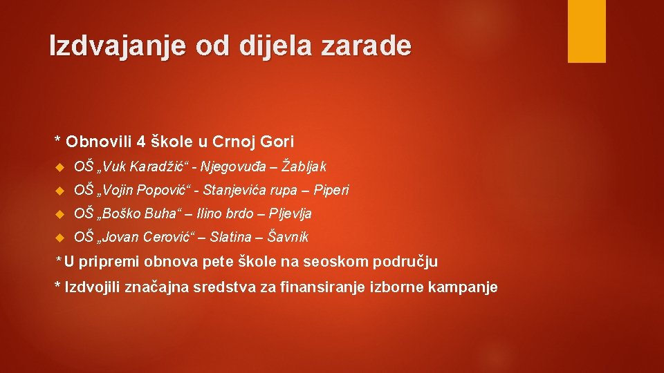 Izdvajanje od dijela zarade * Obnovili 4 škole u Crnoj Gori OŠ „Vuk Karadžić“