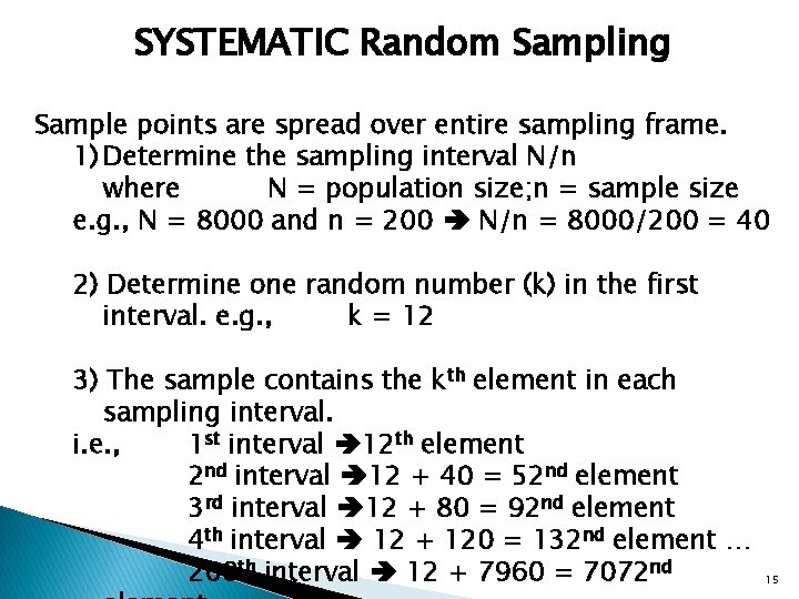SYSTEMATIC Random Sampling Sample points are spread over entire sampling frame. 1) Determine the SYSTEMATIC Random Sampling Sample points are spread over entire sampling frame. 1) Determine the