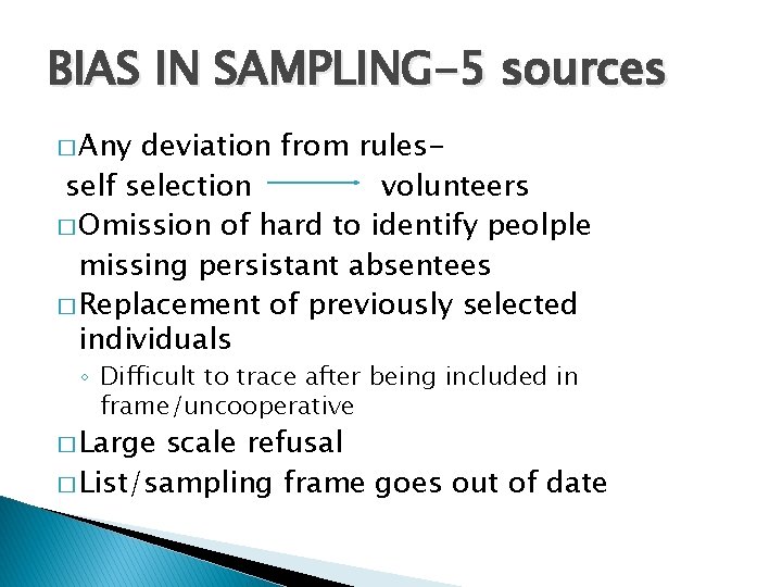 BIAS IN SAMPLING-5 sources � Any deviation from rulesself selection volunteers � Omission of BIAS IN SAMPLING-5 sources � Any deviation from rulesself selection volunteers � Omission of
