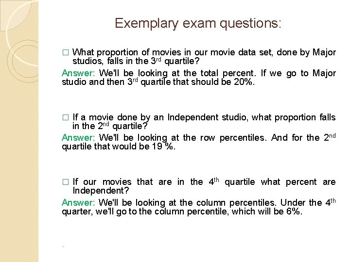 Exemplary exam questions: What proportion of movies in our movie data set, done by