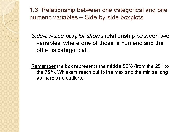 1. 3. Relationship between one categorical and one numeric variables – Side-by-side boxplots Side-by-side