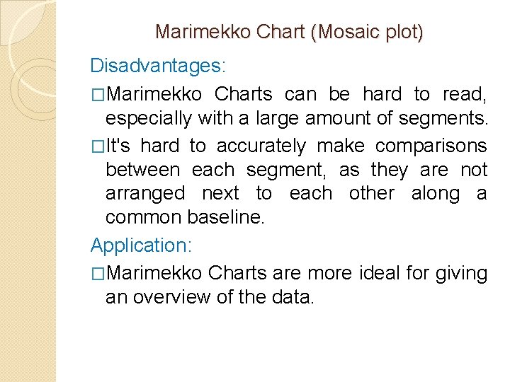 Marimekko Chart (Mosaic plot) Disadvantages: �Marimekko Charts can be hard to read, especially with