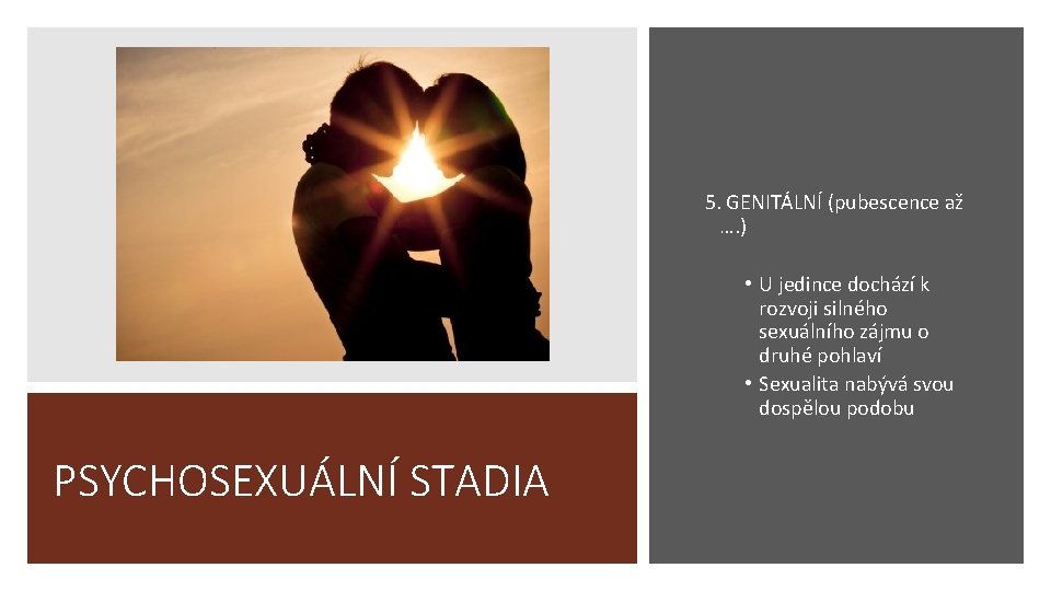 5. GENITÁLNÍ (pubescence až …. ) • U jedince dochází k rozvoji silného sexuálního