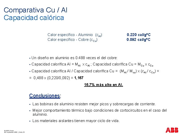 Comparativa Cu / Al Capacidad calórica Calor específico - Aluminio (c. Al): Calor específico