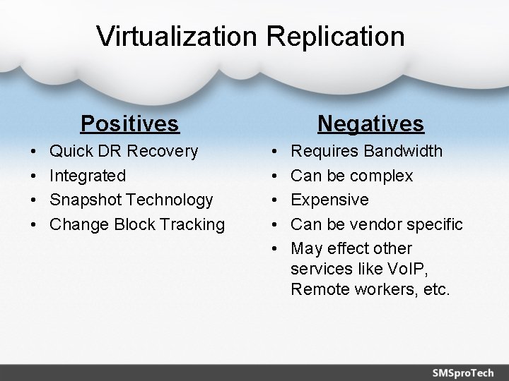 Virtualization Replication Negatives Positives • • Quick DR Recovery Integrated Snapshot Technology Change Block