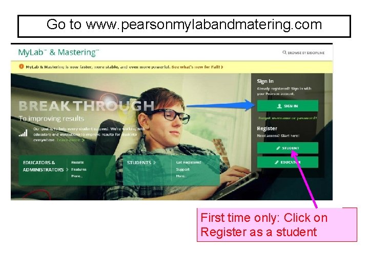 Go to www. pearsonmylabandmatering. com First time only: Click on Register as a student