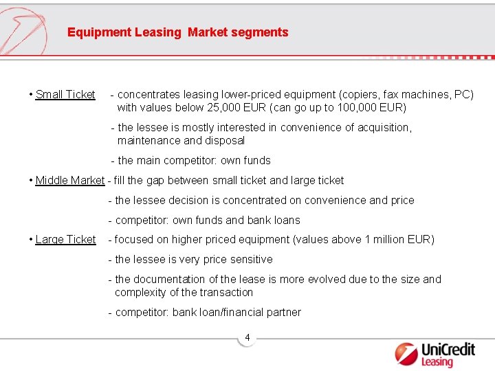 Equipment Leasing Market segments • Small Ticket - concentrates leasing lower-priced equipment (copiers, fax