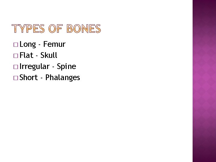 � Long - Femur � Flat - Skull � Irregular - Spine � Short
