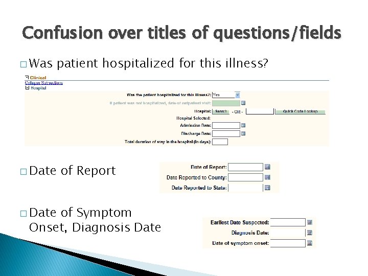 Confusion over titles of questions/fields � Was � Date patient hospitalized for this illness?