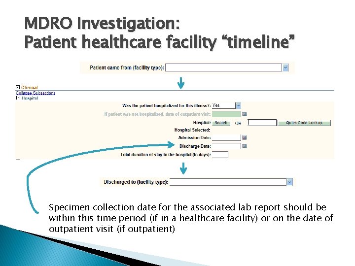 MDRO Investigation: Patient healthcare facility “timeline” Specimen collection date for the associated lab report