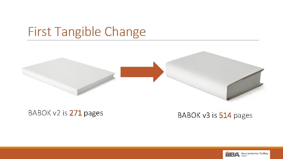 First Tangible Change BABOK v 2 is 271 pages BABOK v 3 is 514