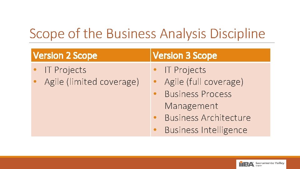 Scope of the Business Analysis Discipline Version 2 Scope • IT Projects • Agile