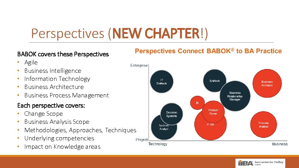 Perspectives (NEW CHAPTER!) BABOK covers these Perspectives • Agile • Business Intelligence • Information