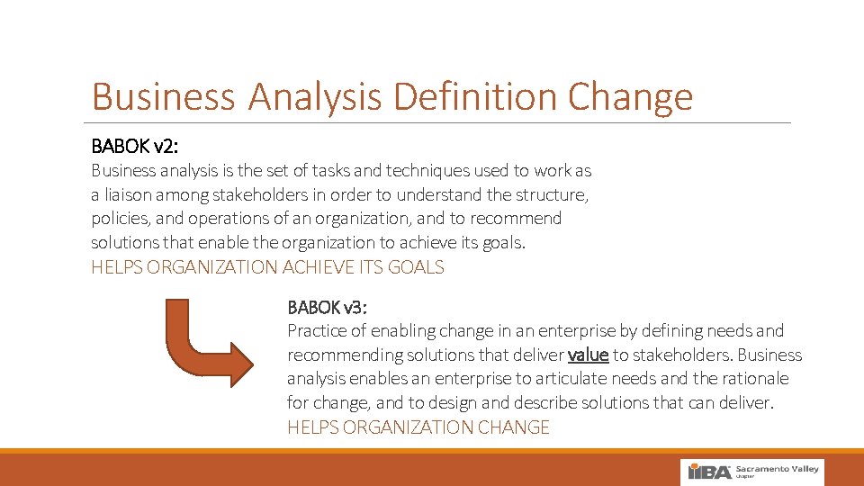 Business Analysis Definition Change BABOK v 2: Business analysis is the set of tasks