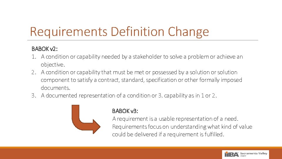 Requirements Definition Change BABOK v 2: 1. A condition or capability needed by a