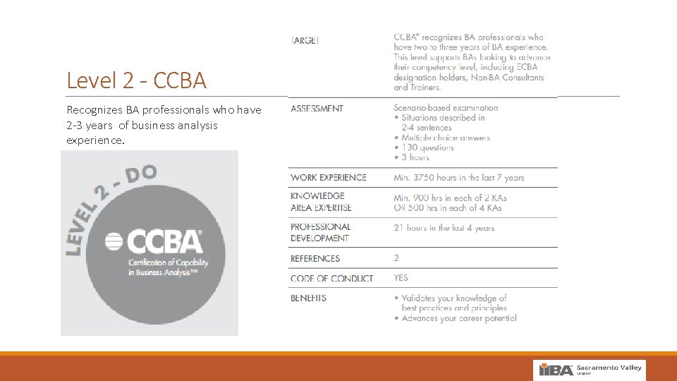 Level 2 - CCBA Recognizes BA professionals who have 2 -3 years of business