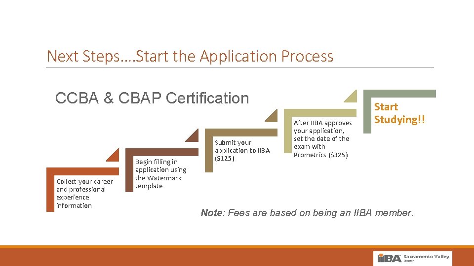 Next Steps…. Start the Application Process CCBA & CBAP Certification Collect your career and