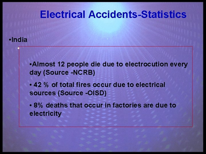 Electrical Accidents-Statistics • India • • Almost 12 people die due to electrocution every