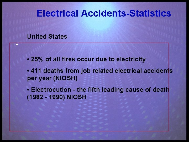 Electrical Accidents-Statistics United States • • 25% of all fires occur due to electricity