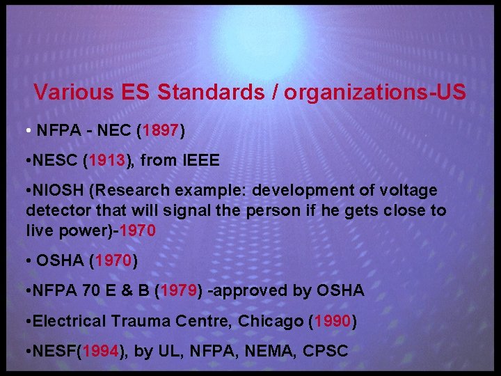 Various ES Standards / organizations-US • NFPA - NEC (1897) • NESC (1913), from