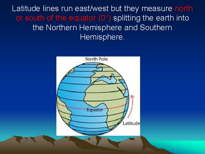 Latitude lines run east/west but they measure north or south of the equator (0°)