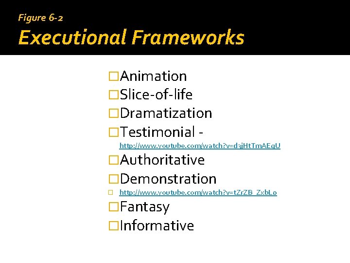 Figure 6 -2 Executional Frameworks �Animation �Slice-of-life �Dramatization �Testimonial - http: //www. youtube. com/watch?