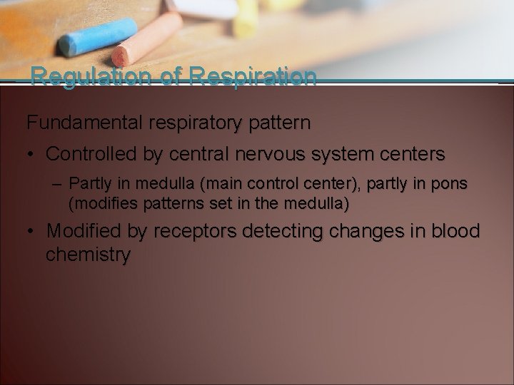 Regulation of Respiration Fundamental respiratory pattern • Controlled by central nervous system centers –